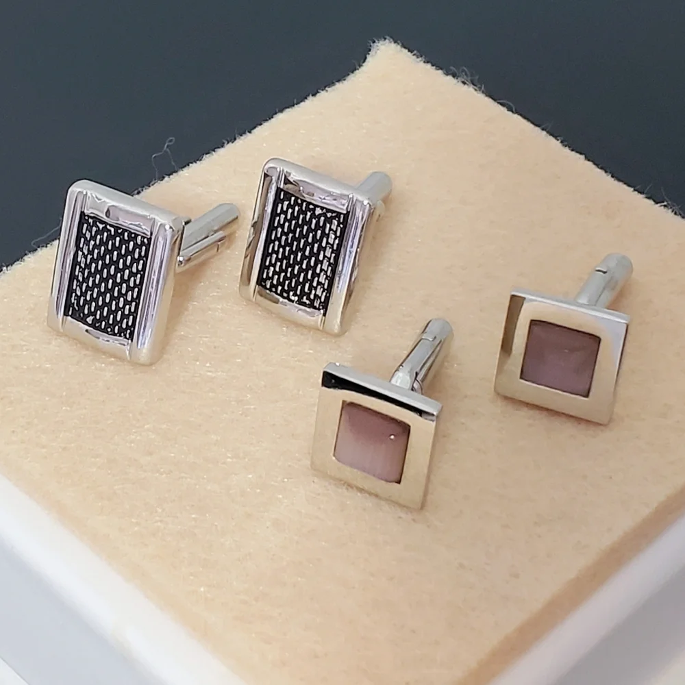 Silver & Black Herringbone Mesh Rectangular Cufflinks - Unisex